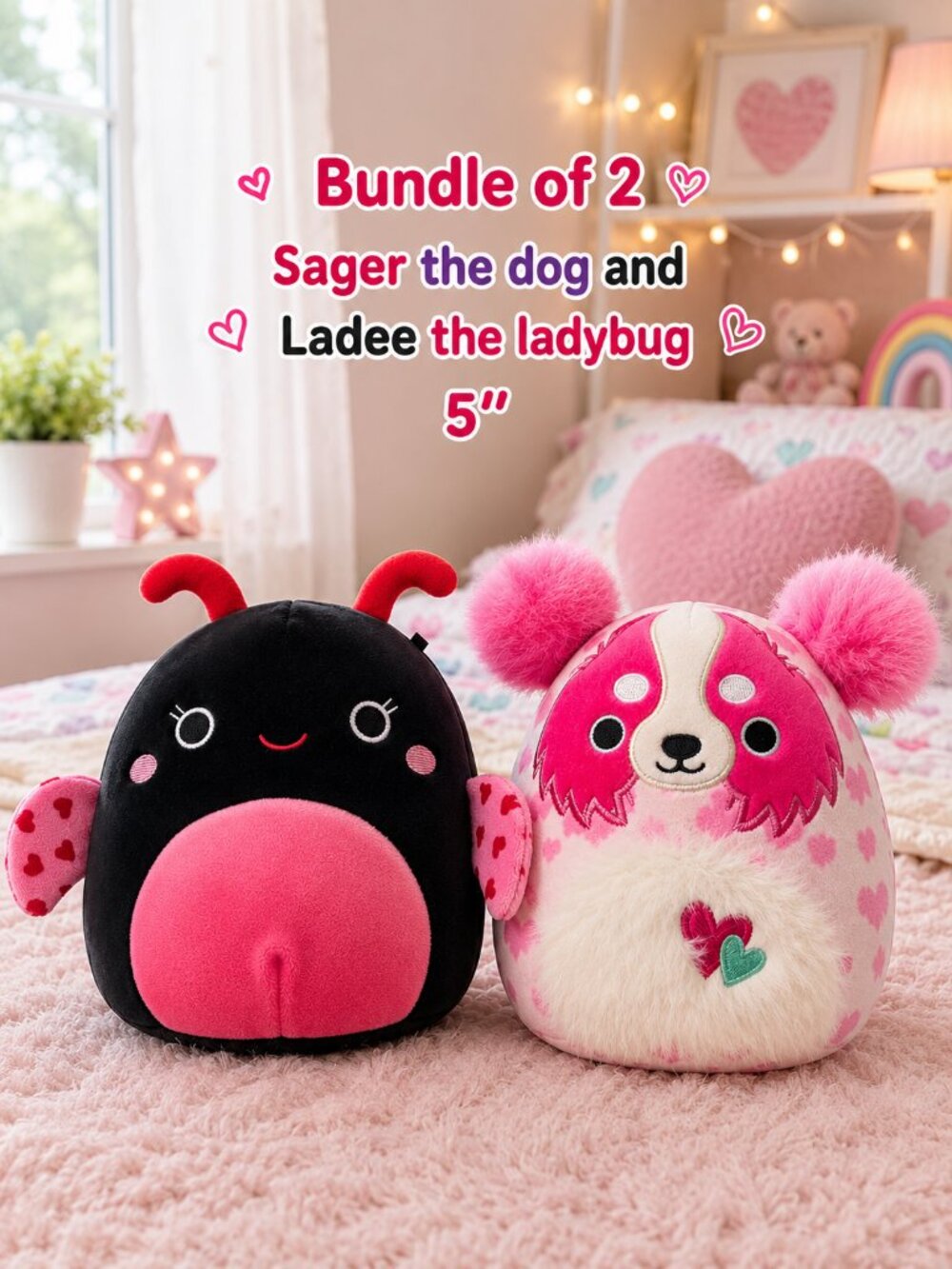 Squishmallows 5" Ladee Ladybug & Sager Dog Valentine's Duo | Jazwares Plush Pair